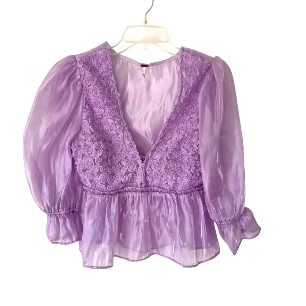 Free People Faye Sheer Rosette Blouse NWOTS Lavender Purple size small